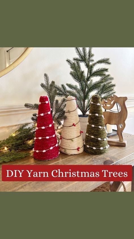 Foam Yarn Christmas Tree, Velvet Trees Diy, Christmas Tree Yarn, Farm Diy, Decorative Garland, Yarn Trees, Work Decor, Wooden Christmas Tree Decorations, Christmas Cones