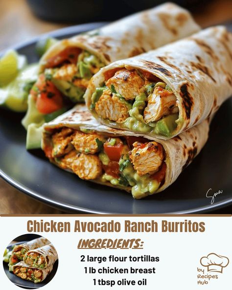 Chicken Avocado Ranch Burritos Ranch Chicken Tacos Skillet, Dinner Ideas With Avocado, Quick Filling Snacks, Chicken Avocado Ranch Burritos, Food Truck Food Ideas Most Popular, Big Back Meals, Bbq Chicken Meals, Chicken Burritos Easy, Nutritionist Meals