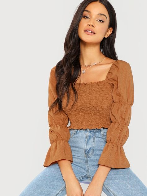 Elasticized Puff Sleeve Shirred Crop Top -SheIn(Sheinside) Marie Sleeve, Smocked Shirt, Shirred Crop Top, Shirred Blouse, Shirt Crop Top, Puff Sleeve Crop Top, Puff Long Sleeves, Cropped Tops, Womens Tops Summer