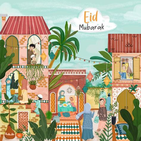 Eid illustration @dearallie.studio instagram Eid Illustration, Selamat Hari Raya Aidilfitri, Hari Raya Aidilfitri, Raya Aidilfitri, Selamat Hari Raya, Peace Happiness, Happy Eid, Hari Raya, Art Inspiration Painting