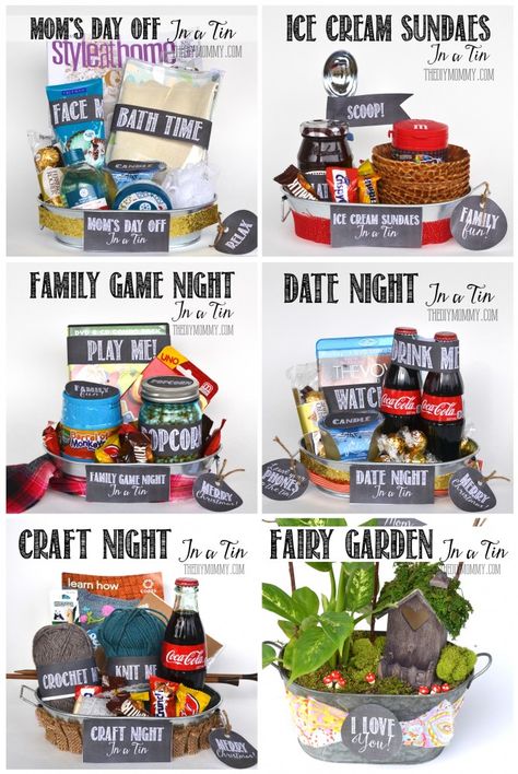 A Gift in a Tin: Craft Night in a Tin | The DIY Mommy Tin Ideas, Raffle Basket, Raffle Baskets, Baking Kit, Themed Gift Baskets, Ge Bort, Diy Gift Baskets, Cadeau Diy, Navidad Diy