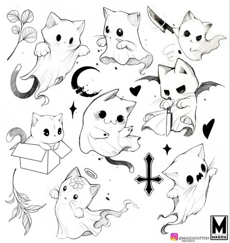 Small Cat Drawing, Halloween Tattoo Flash, Hours Drawing, Tattoos Color, A Ghost Story, رسم كاريكاتير, Tattoo Reference, Ghost Tattoo, Kawaii Tattoo