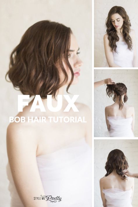 Fake Bob Hairstyle, How To Faux Bob Hair, Faux Flapper Bob, Faux Bob For Long Hair 1920, Fake Short Hair Tutorial, Faux Bob For Long Hair Tutorials, Long Hair Faux Bob, How To Make A Bob With Long Hair, Long Hair Into Faux Bob