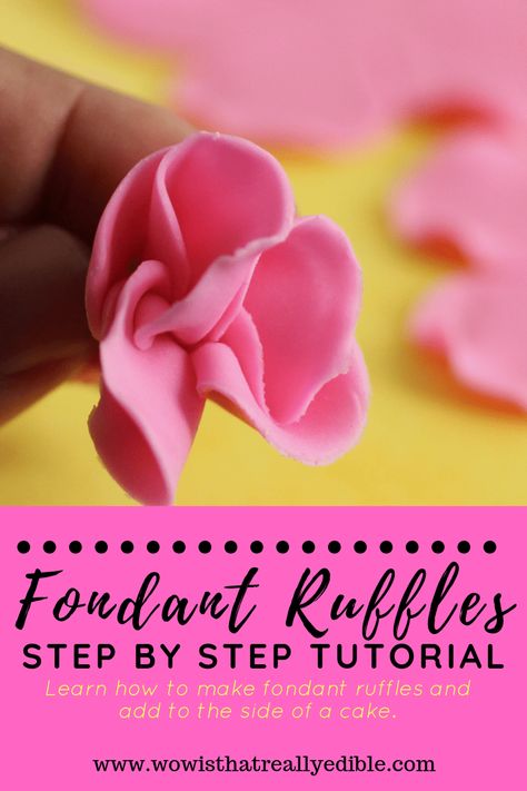 How to Make Fondant Ruffles - Wow! Is that really edible? Custom Cakes+ Cake Decorating Tutorials How To Make Fondant Ruffles On Cake, Fondant Cake Tutorial, Fondant Ruffles, Camo Wedding Cakes, Fondant Techniques, Cakes Fondant, Fondant Flower Cake, Fondant Bow, Fondant Figures Tutorial