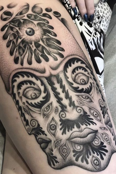 Trippy Leg Tattoos, Trippy Back Tattoos, Trippy Neck Tattoos, Trippy Tattoo, Trippy Men Tattoos, Trippy Leg Sleeve, Alex Grey Tattoo, Surreal Tattoo, Alex Grey