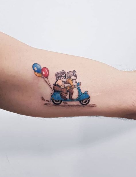 Disney Up Tattoo, Up Tattoo Ideas, Small Colorful Tattoos, Painless Tattoo, Full Tattoo, Couple Tattoos Unique, Movie Tattoo, Movie Tattoos, Парные Тату