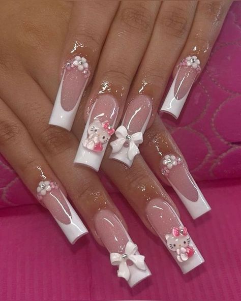 # trendy pink hello kitty nails Paznokcie Hello Kitty, Bow Nail Designs, Hello Kitty Nails Art, Girly Acrylic Nails, Hello Kitty Nails, Really Cute Nails, Acrylic Nails Coffin Pink, Unique Acrylic Nails, Soft Nails