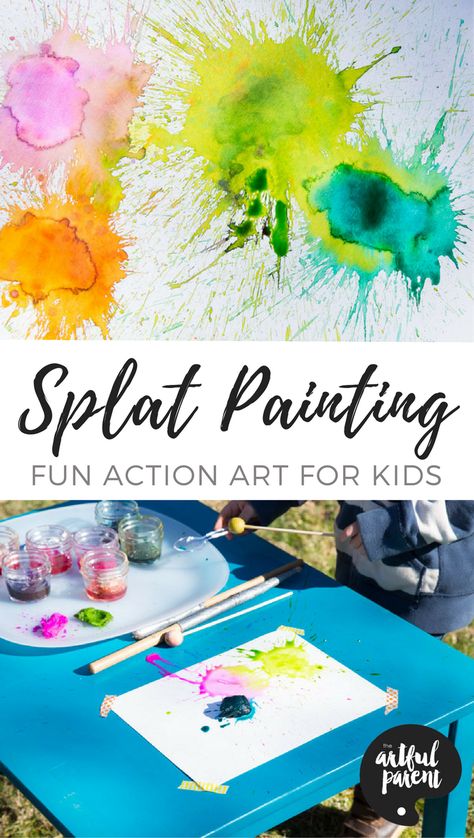 Splat painting is easy peasy and super fun for active kids. This simple action art activity involves hitting paint-soaked cotton balls with a small mallet. Splat Painting, Action Art, Art For Children, Messy Art, Painting Activities, Easy Art Projects, Art Activity, Action Painting, Cotton Balls