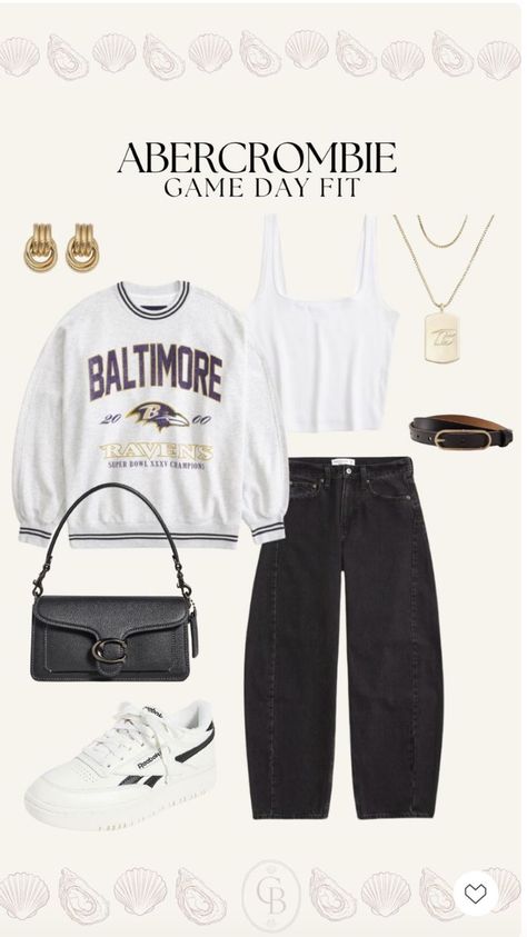 Baltimore ravens game day outfit idea, nfl game day outfit idea, cold weather game day look, comfy and casual game day fit from abercrombie, nfl outfits, nfl game day sweatshirt, baltimore ravens Nfl Game Day Outfit, Winter Chill Outfits, Casual Outfits With Boots, College Football Game Outfit, Raven Outfits, Game Day Sweatshirt, Autumn Fashion Women Fall Outfits, Football Game Outfit, Game Day Outfit