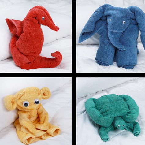 Watch: Nifty - How To Make Towel Animals Make Animals Out Of Towels, How To Fold A Towel Into A Bunny, How To Make Towel Animals, Animal Towels, Infant Crafts, Washcloth Animals, Towel Origami, Towel Folding, Towel Art