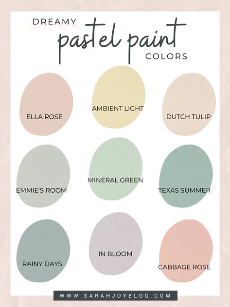 Room Color Ideas Pastel, Nice Wall Colors, House Pastel Colors, Pastel Color Home Decor, Bedroom With Pastel Colors, Nursery Paint Palette, Home Pastel Color, Aesthetic Home Paint, Aesthetic Colours To Paint Your Room