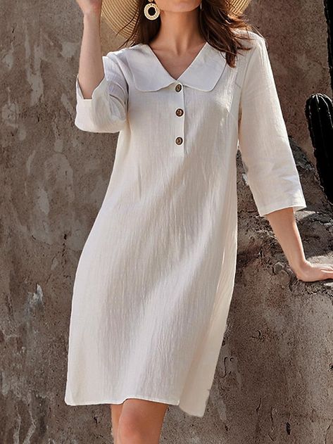 Women's Casual Dress Cotton Linen Dress Mini Dress Basic Basic Daily Vacation Shirt Collar 3/4 Length Sleeve Summer Spring White Plain 2024 - $31.99 Patterns For Dresses For Women, Linen Cotton Dress, Woman Dresses Casual, T-shirt Dress, Modest Dresses Casual Classy, White Women Outfits, Daily Dress Casual, T Shirt Dress Long, Cotton Dress Summer Casual