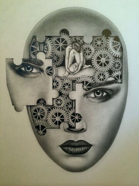 Woman's face with puzzle pieces & wheels art Puzzle Face Drawing, Puzzle Piece Face Drawing, Puzzle Face Art, Surrealism Gcse Art, Gcse Art Fantasy Theme, Puzzle Piece Art Drawing, Puzzle Piece Drawing Ideas, Puzzle Pieces Drawing, Fragments Art Gcse