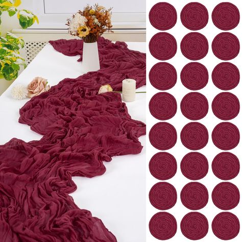 PRICES MAY VARY. 100%cheesecloth 【What You Will Receives】:You will get 24 pack burgundy cheesecloth table runner, cotton and linen tablecloth runner size approx.20" W x 120"L. 10FT long wrinkled cheese cloth table runner for 3-6FT long rectangular and round tables or other shaped tables. Cheesecloth table runner can bring the most out of your table to impress guests and bring a flair to your dining space. 【High-Quality Material】:The burgundy table runner is made from premium cheesecloth with wri Burgundy Cheesecloth Table Runner, Rustic Elegance Decor, Burgundy Table Runner, Table Runner For Wedding, Gauze Table Runner, Cheesecloth Table Runner, Christmas Boho, Black Tablecloth, Boho Table