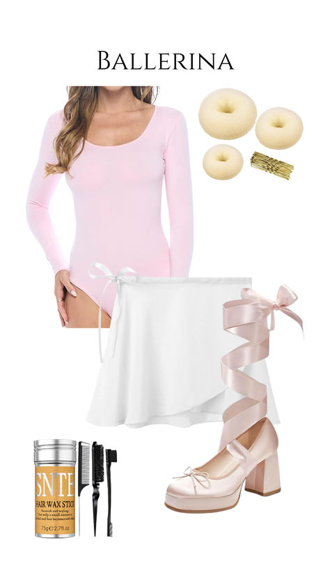 Ballerina-inspired Halloween costume featuring a soft pink long-sleeve leotard, white wrap skirt, ballet ribbon block heels, hair donut buns, bobby pins, and hair wax styling stick Ballerina Costume Women, Cute Solo Halloween Costumes, Pink Cat Costume, Halloween Ballerina, Ballerina Halloween, Ballerina Halloween Costume, Solo Halloween Costumes, Hello Kitty Costume, Cat Costume Diy