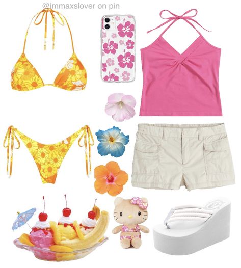 Y2k Summer Accessories, Pink Tropical Outfit, Kawaii Beach Outfits, 2000s Beachy Outfits, Coconut Core Outfit, Beachcore Aesthetic Outfits, Tropical Core Clothes, Keywest Kitten Outfit, Tropical Core Aesthetic Outfit