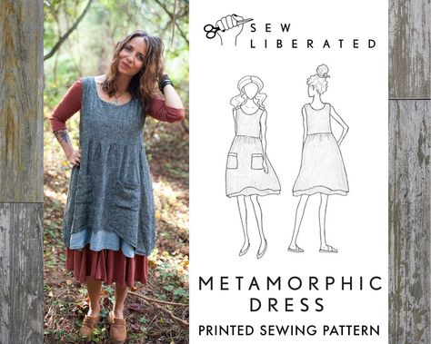 The Metamorphic Dress sewing pattern is a wardrobe-building dress for all seasons. Featuring a high/low waist seam and complete reversibility, it's inspired by the possibility of layers - wear it with the tiered skirt and patch pockets, or flip it inside out and enjoy a basic, single-layer pinafore with in-seam pockets. Layer it over jeans, leggings, or a midi-length Stasia Dress, or layer it under your favorite woven tee or knitted cardigan. Wear it on the beach over your swimsuit or favorite s Metamorphic Dress, Lagenlook Sewing Patterns, Sew Liberated, Wardrobe Building, Lagenlook Dress, Mom Clothes, Sewing Seams, Simply Dresses, Sewing School