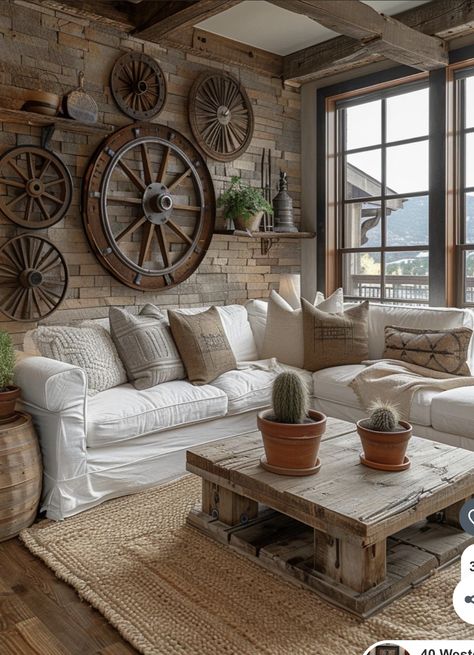 Cowhide Modern Living Room, Yellowstone Style Decor, Yellowstone Decorating Ideas, Southwest Decor Ideas, Western Home Style, Rustic Den Room Ideas, Rustic Western Living Room, Yellowstone House, Western Living Room Ideas