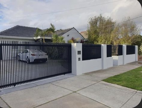 Remote Control Driveway Gates, Front Electric Gate, Gate Around House, Fence Designs Modern, Two Gates Design, Front Electric Gate Ideas, Front Fence Electric Gate, Front Fences And Gates Driveways, Fence Design With Gate