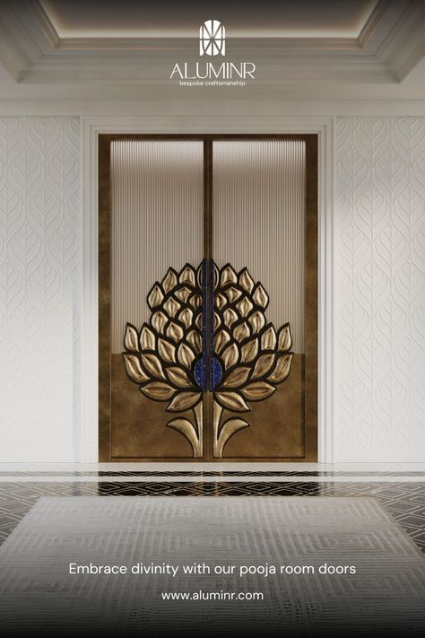 Pooja rooms fill one's heart with devotion, and at Aluminr, we strive to elevate the elegance of these spaces with our exquisitely crafted metal doors. Explore more about our luxury pooja room doors in the blog linked above. door design pooja room indian modern double door traditional design ideas aesthetic metal front doors art illustration photgrapghy #metalfrontdoors #ideas #inspiration #trends #luxury #luxurydoors #homedecor #manufacturer #seller #distributor #USA #collection #architect