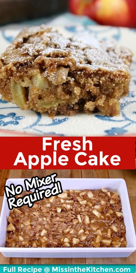 Fresh Apple Cake is one of my family's very favorite desserts. It comes together really easy, you don't even need a mixer! Sweet apples and warm cinnamon will fill your house with the best of autumn baking! Fresh Apple Cake Recipe, Apple Cake Recipe Easy, Apple Dessert Recipes Easy, Best Apple Desserts, Moist Apple Cake, Easy Apple Cake, Apple Desserts Easy, Crumb Cake Recipe, Fresh Apple Cake