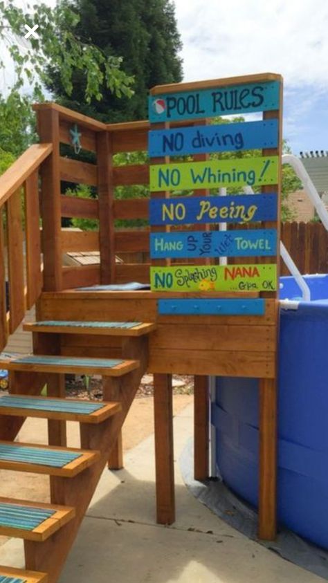 Pool Area Decorating Ideas, Pool Rules Sign, Decks Around Pools, Pallet Pool, Swimming Pool Signs, Pool Ideas On A Budget, Pool Deck Plans, Pool Porch, Dream Backyard Pool