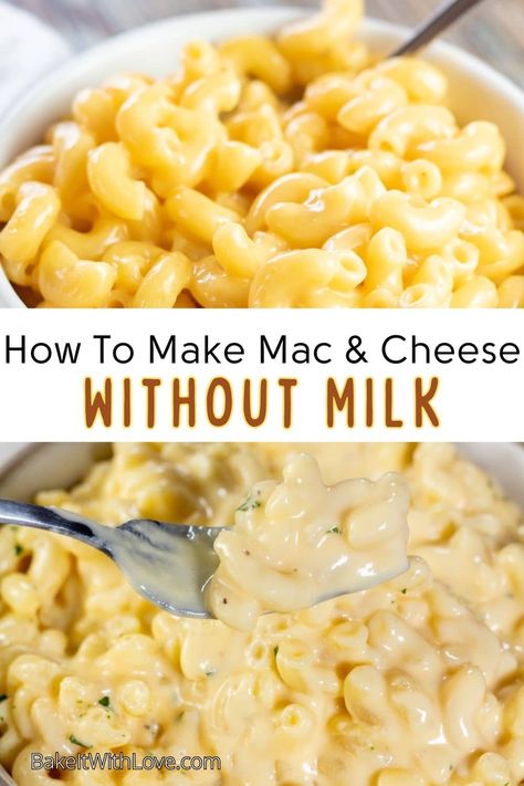 Learn how to make mac and cheese without milk so you can enjoy this indulgent side even if you've run out of milk! These substitutions and tricks are so fantastic that you won't even know it was made without milk! You'll even get an amazing recipe for milk-free macaroni and cheese! BakeItWithLove.com Crockpot Mac And Cheese Recipe No Evaporated Milk, Oat Milk Mac And Cheese, Homemade Mac And Cheese Recipe Without Heavy Cream, No Milk Mac And Cheese, Mac And Cheese No Milk, No Milk Recipes, Mac And Cheese Recipe No Milk, Mac And Cheese Recipe Without Milk, How To Make Mac And Cheese