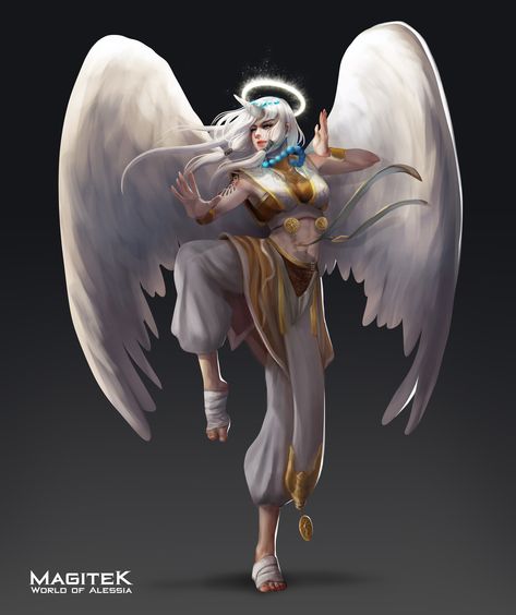 ArtStation - Magitek: World of Alessia - Celestial Agent, Annadel Cinco Centaur Woman, Unicorn Dragon, Angelic Wings, Character Styles, Winged Creatures, Bird People, Chara Design, Dungeons And Dragons Characters, Golden Light