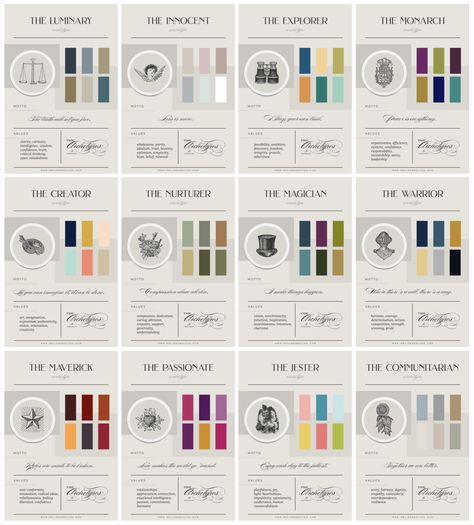 Classic Style Archetype, Caregiver Brand Archetype Colors, The 12 Archetypes, Creator Brand Archetype Colors, 12 Jungian Archetypes, The Diva Archetype Aesthetic, The Lady Archetype Outfits, Jester Brand Archetype Moodboard, The Nurturer Archetype Aesthetic