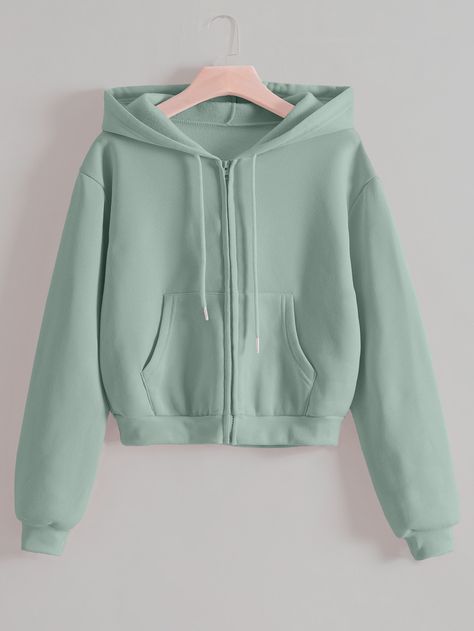 Zip Up Drop Shoulder Drawstring Thermal Lined Crop HoodieI discovered amazing products on SHEIN.com, come check them out! Sage Green Zip Up Hoodie, Mint Hoodie, Cropped Hoodie Outfit, Green Cropped Hoodie, Mint Outfit, Crop Sweatshirt Hoodie, Trendy Shirt Designs, Sweatshirts For Women, Hoodies For Women