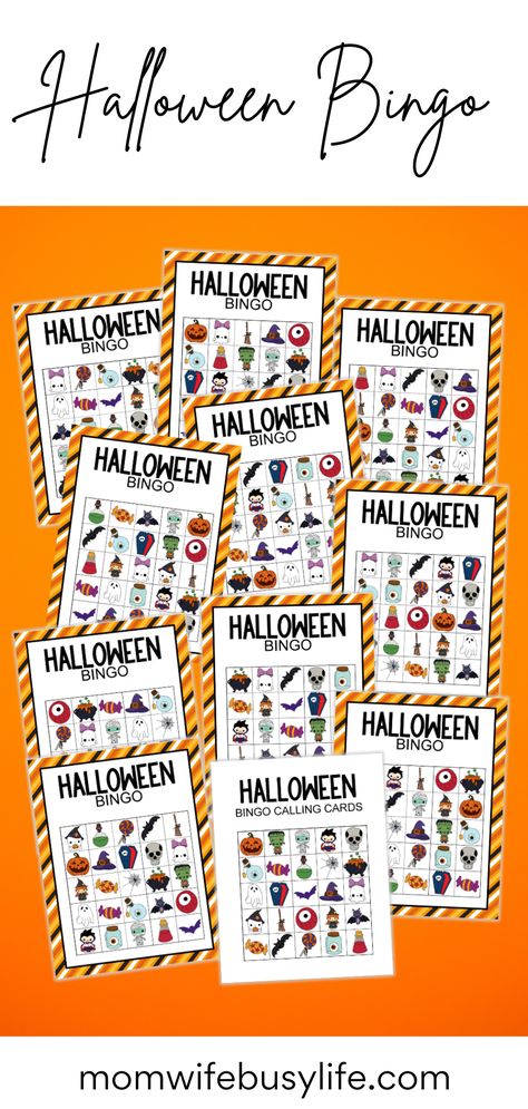 Get ready for a spook-tacular game night with our free printable Halloween Bingo cards and calling set! Perfect for parties, classrooms, or family fun. 🎃👻🦇 #HalloweenBingo #FreePrintables #MomWifeBusyLife #HalloweenGames. Dive into a hauntingly fun game – Click, Print & Play! 'Save' this Halloween essential & 'Share' for endless entertainment! Different Bingo Games, Halloween Bingo Cards Free Printable, Kids Bingo Printable Free, Halloween Bingo Printable Free, Bingo Cards Printable Templates, Halloween Sunday School, Halloween Bingo Free, Bingo Printable Free, Halloween Bingo Printable