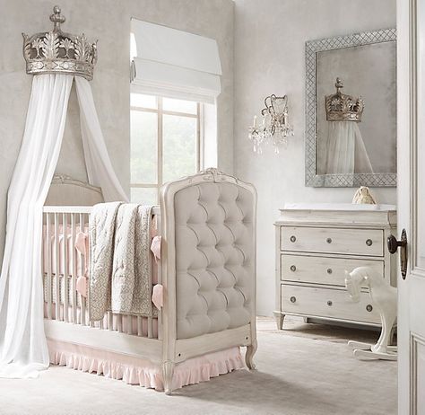 RH Baby & Child's Pewter Demilune Canopy Bed Crown:A wall-mounted crown equipped with built-in drapery rods (and the drapery of her choice) transforms an ordinary room into an enchanted bedchamber fit for a princess. Tufted Crib, Box Bayi, Bed Crown Canopy, Bed Crown, Baby Canopy, White Crib, Rh Baby, Crib Canopy, Girl Nursery Room