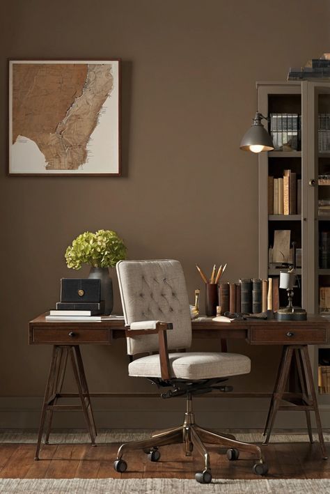 home office design, home office decor, office interior design, workspace design Brown Walls Office, Brown Home Office, Home Office Dark, Brown Office, Taupe Walls, Brown Leather Chairs, Brown Decor, Guest Room Office, Classy Decor