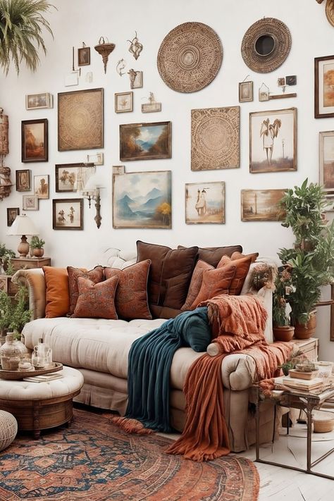 Living Room Hippie, Hippie Living Room, Boho Living Room Inspiration, Cozy Boho Living Room, Earthy Living Room, Boho Gallery Wall, Boho Interior Design, Eclectic Gallery Wall, Beige Living Rooms