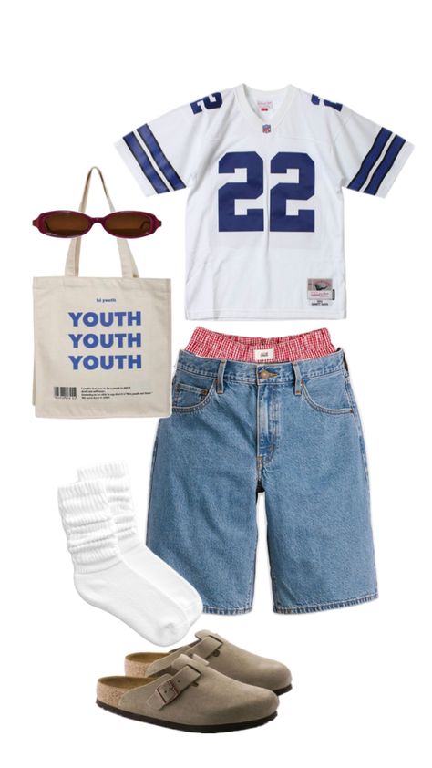 summer outfit, shorts, jorts, jersey, birkenstocks, blue outfit Jersey Shorts Outfit, Summer Outfit Shorts, Baggy Outfit Ideas, Outfit Shorts, Teen Swag Outfits, Fashion Layout, Black Men Street Fashion, Street Fashion Men Streetwear, Mens Casual Dress Outfits