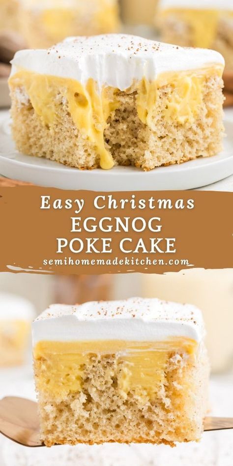 Eggnog Poke Cake combines a fluffy cake mix with creamy eggnog pudding and Cool Whip for a festive, easy dessert perfect for holiday gatherings. Easy Holiday Cakes, Eggnog Poke Cake, Leftover Eggnog, Eggnog Pudding, Xmas Sweets, Holiday Cake Recipes, Eggnog Dessert, Eggnog Cake, Poke Cake Recipes