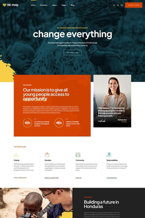 Wihelp is designed for nonprofit and charity organizations, suggesting it's tailored for those who want to create websites for fundraising, donations, and promoting charitable causes. Nonprofit Landing Page, Fundraising Website Design, Charity Donation Poster Design, Charity Website Design Inspiration, Nonprofit Website Design Inspiration, Ngo Website Design Inspiration, Nonprofit Graphic Design, Donation Website Design, Ngo Website Design