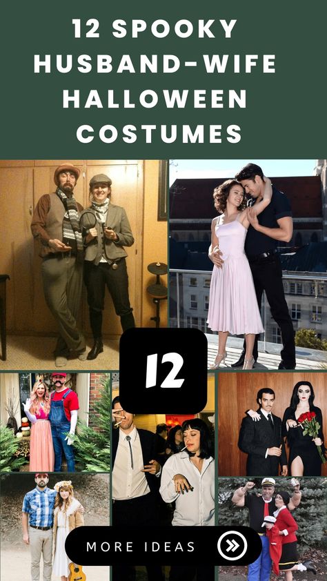 Husband and wife Halloween costume ideas for couples and partners, featuring 12 creative and spooky pairings Gore Couple Halloween Costumes, John Wick Couple Costume, Bald Guy Couples Costume, Bearded Couples Costumes, Horror Movie Halloween Costumes Couples, Costume With Beard Couple, Couples Costumes For Men With Beards, Old Married Couple Costume, Couples Costume Man With Beard