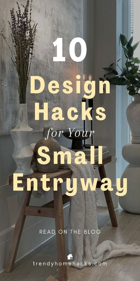 Your entryway is the first glimpse visitors get of your personal style, but designing a small space can be challenging. In this blog post, we tackle the challenges of small entryways head-on, sharing innovative solutions to elevate your entryway from functional to phenomenal. 

Ready to make a lasting impression in confined quarters? Check out these trendy design hacks on the Trendy Home Hacks blog or save the pin for later! How To Style A Small Hallway, Small Stairway Decorating, Front Entrance Decor Entryway, Simple Foyer Design, Small Foyer Entryway, Big Entryway Ideas, Small Entry Hall, Front Hallway Ideas, Small Hallway Ideas Entrance Halls