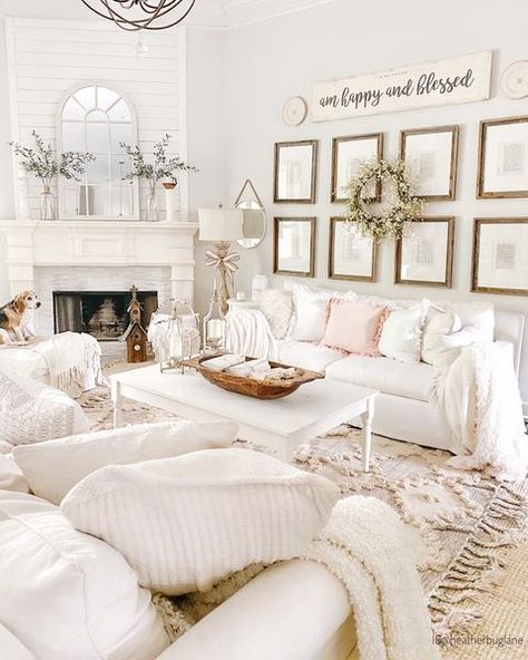 NATALIE – Rich Class Decor Living Room Designs White, Magnolia Living Room Ideas, White Livingrooms, Grandmillennial Living Room, Warm Boho Living Room, Pink And White Living Room, Farmhouse Glam Decor, Rustic Glam Living Room, White Farmhouse Living Room