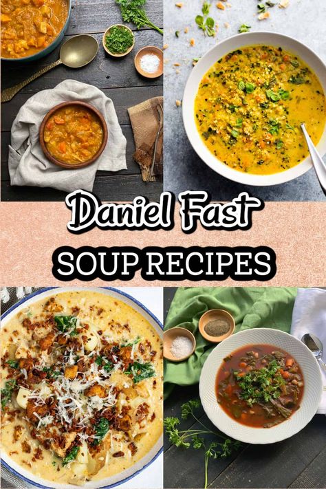 Looking for Daniel Fast soup recipes? You’ve come to the right place. Get ready to try some of the most delicious soups you've ever eaten. What's more, these soups are all vegan, with no added sugar or any processed ingredients. Eating healthier is at the top of everyone's list these days, but you don't have to sacrifice flavor. Let us prove it to you, and let us know which is your favorite! Vegetable Soup Daniel Fast, Soups For Fasting, Daniel Fast Potato Soup, Daniel Fast Lentil Soup, Daniel Fast Food List Meals, Meals For Daniel Fast, Daniel Fast Recipes For Kids, Recipes For Daniel Fast 21 Days, Daniel Fast Soups Slow Cooker