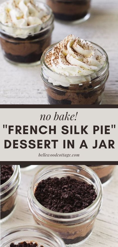 Looking for a cute dessert for a party, shower, or other event? Try these easy No Bake French Silk Pie Mason Jar Desserts. Made in 4-oz mason jars with a fluffy chocolate filling and topped with sweet whipped cream, these desserts are adorable and delicious!