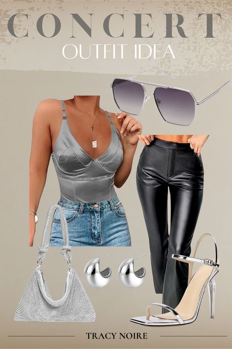 Silver Bodysuit Outfit, Edgy Concert Outfit, Silver Bodysuit, Concert Look, Concert Outfit Inspo, Silver Purse, Silver Sunglasses, Body Suit Outfits, Concert Looks