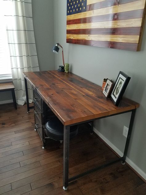 Wood Desk With Drawers, Industrial Desk, Home Office Desk The ultimate vintage industrial style desk!   Our custom built desk features a beautiful reclaimed wood top sealed with multiple coats of commercial grade varnish, mounted on a designer industrial style vintage base.  This model features 3 roomy storage drawers on heavy duty ball bearing glides, as well as 2 swing arm seats that not only swivel but are adjustable for height! Dimensions as shown are 76 wide, 30 deep and 30 tall, but of cou Industrial Wooden Desk, Wood Desk With Drawers, Boho Desk, Dark Wood Desk, Desk Antique, Industrial Style Desk, Storage Desk, Rustic Desk, Desk Home Office