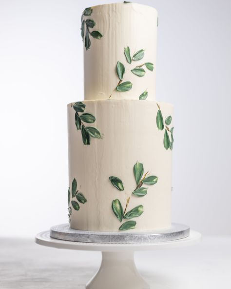 Bardez Cakes 2 Tier Wedding Cake Eucalyptus, Eucalyptus Cake Decor, Wedding Cake Eucalyptus, Cake Frosting Designs, Botanical Cake, 2 Tier Wedding Cakes, Leaf Cake, Italian Buttercream, Green Wedding Cake