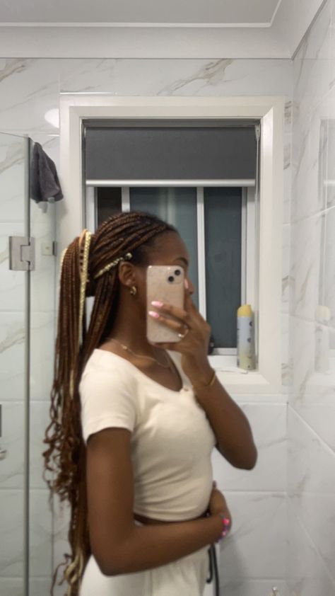 Dark Brown Braids With Highlights, Graduation Braids Hairstyles, Brown And White Braids, Black Peekaboo Hair, Braids With Claw Clip, April Hairstyles, Peek A Boo Box Braids, Fake Hair Braids, December Hairstyles