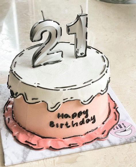 comic cake, comic book cake, outline comic cake, buttercream comic cake, cartoon cake, comic cake designs Cakes For 21st Birthday Girl, Cake For 21st Birthday Girl, Birthday Cake 21 Girl, Comic Cake Design, Comic Cake Ideas, Pink Harry Potter, Cake Outline, Harry Potter Cake Ideas, Happy Birday