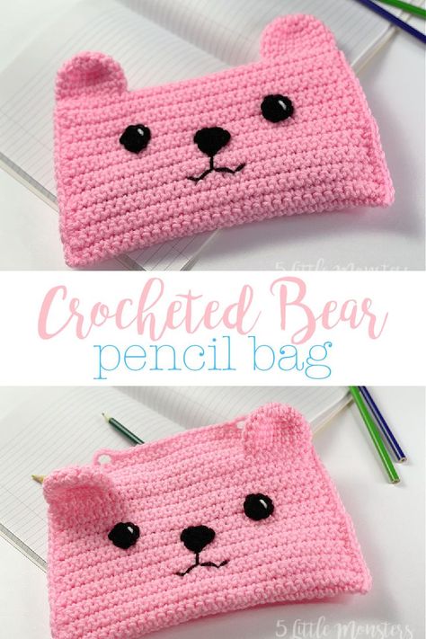 Turn a basic button flap crocheted pencil bag into a cute little bear bag by adding ears and a little face. Easy Crochet Pencil Pouch, Pencil Bag Crochet Pattern Free, Crochet Pencil Case Free Pattern No Zip, Crochet Purse With Flap, Crochet Pencil Case No Zipper, Crochet Pencil Case Free Pattern, Crochet Pencil Bag, Pencil Pouch Crochet, Crochet Pencil Pouch