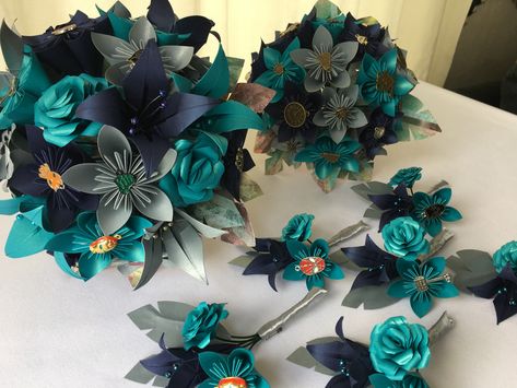 Silver And Turquoise Wedding, Turquoise Wedding Bouquets, Teal Wedding Bouquet, Tree Themed Wedding, Teal And Grey Wedding, Dark Teal Weddings, Black Silver Wedding, Silver Wedding Theme, Dark Blue Wedding