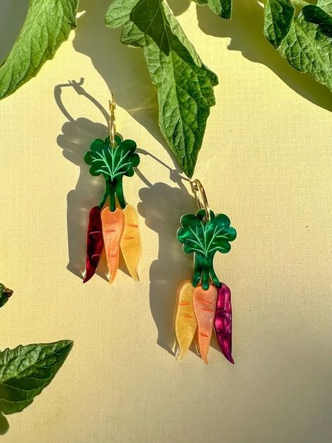 SunnieCreative - Etsy Vegetable Earrings, Fun Earrings Unique, Artsy Earrings, All Things Green, Rainbow Carrots, Acrylic Earring, Earrings Summer, Summer Earrings, Brass Hoops